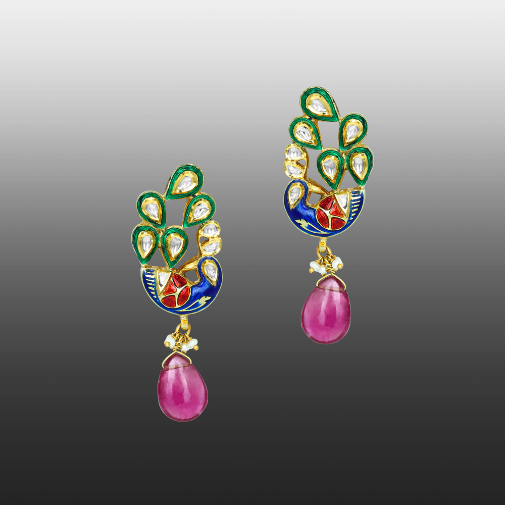 Peacock Enamel Earrings with Polki Diamonds and Tourmaline Drops